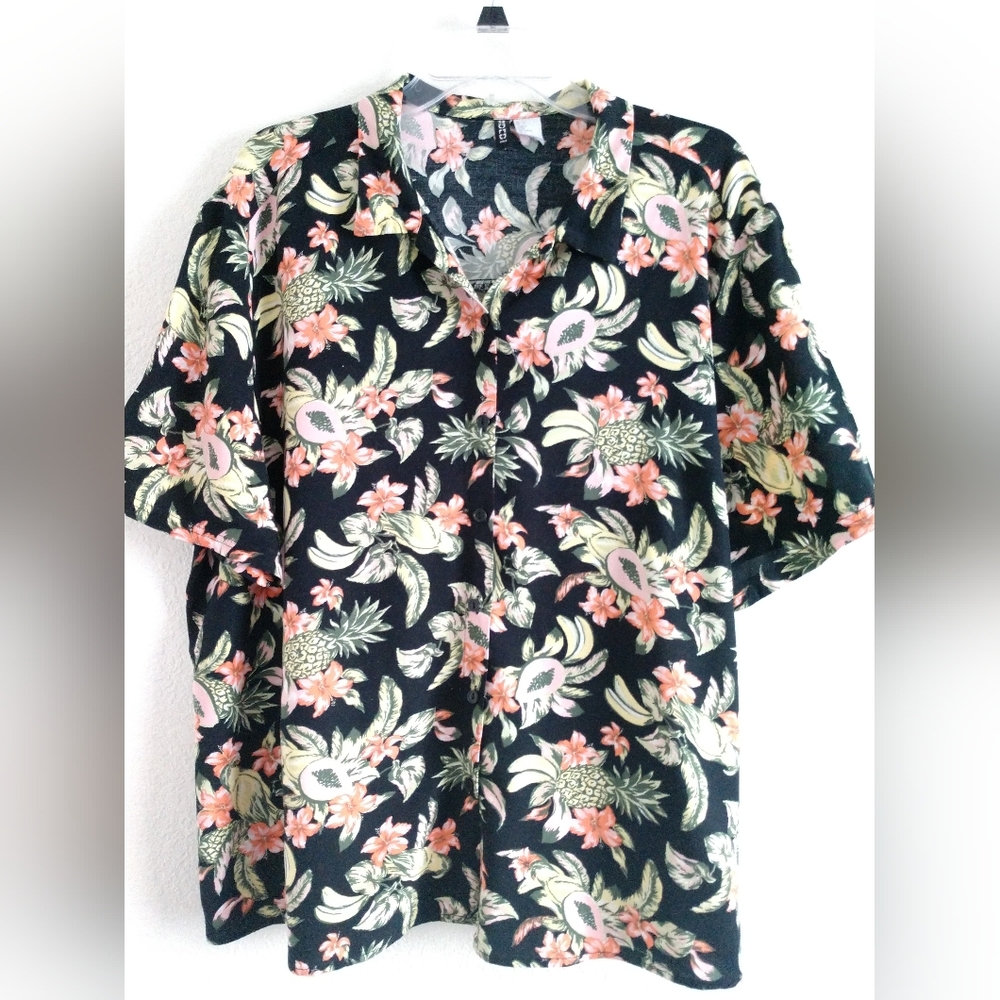 Fun Fruit Floral Hawaiian Camp Shirt Birds Flowers Beach Pool Large Divided H&M
